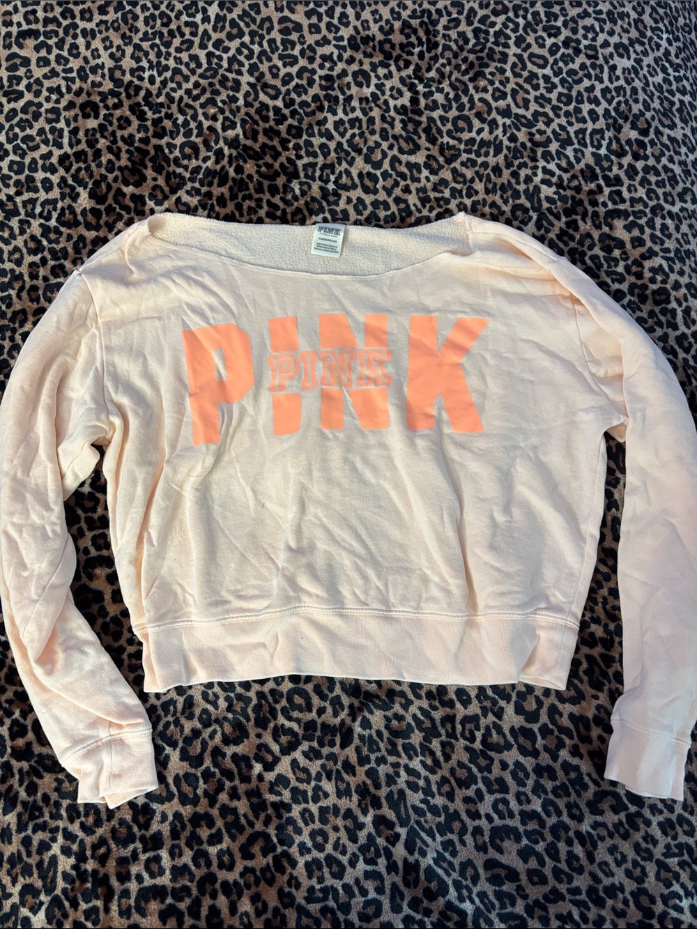 PINK Victoria's Secret Pale Pink Off-the-Shoulder Sweatshirt with Coral Logo